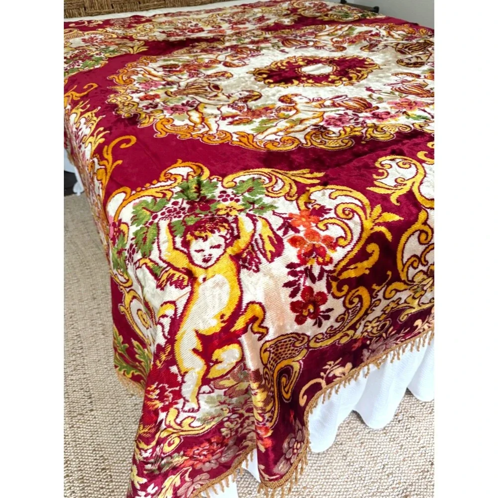 Vtg Velvet Italian Wedding Bedspread QUEEN Cherubs Red Cream 84x96” Fringe MINT